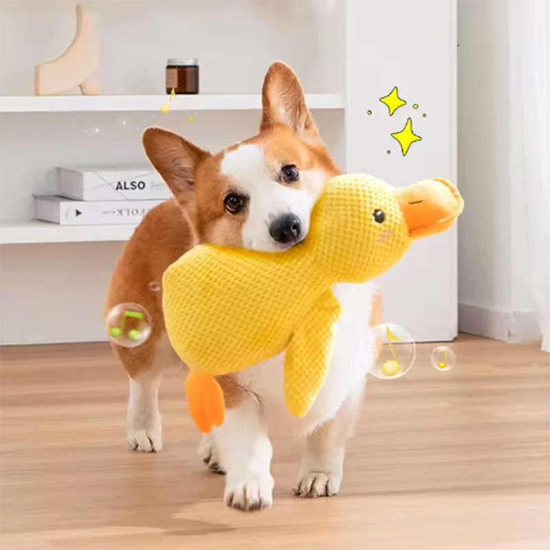 Dog sleeping with a dog hug duck toys