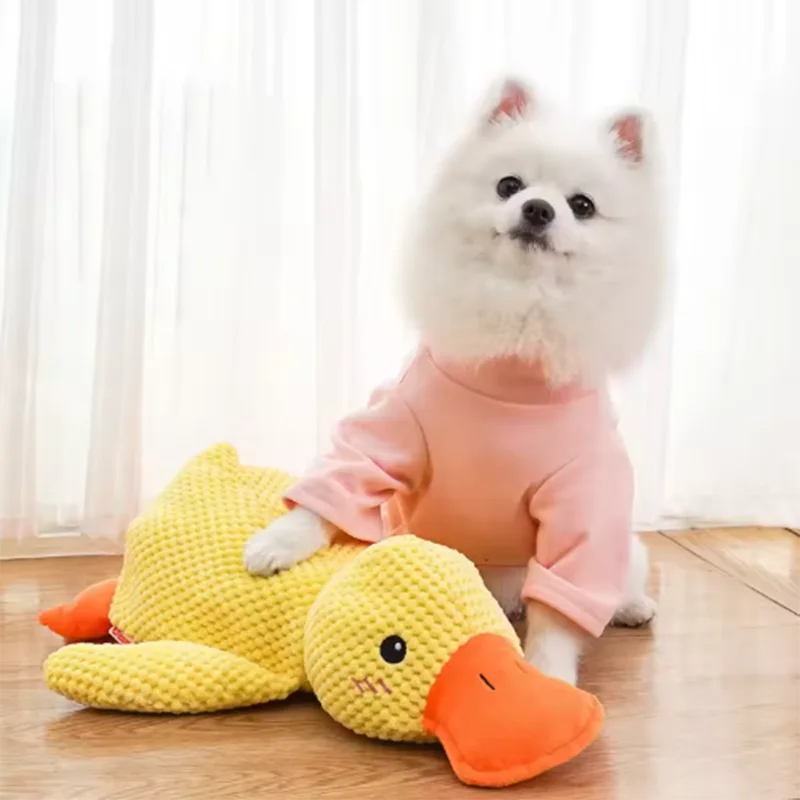 Dog sleeping with a dog hug duck toys